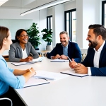 A diverse group of professional individuals, including business leaders and loyal customers, engaged in an energetic and collaborative discussion. All subjects are fully clothed in modest business casual attire and professional dress. Set in a bright, modern co-working space with natural light, featuring collaborative tables and a welcoming atmosphere. Subtle details like shared notes and digital displays showing positive growth charts are in the background. Professional photography, high resolution, soft lighting, sharp focus, perfect anatomy, correct proportions, natural poses, well-formed hands, proper finger count, natural body proportions. safe for work, appropriate content, fully clothed, professional, family-friendly.