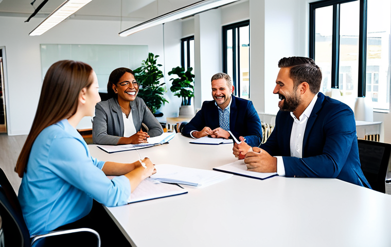 A diverse group of professional individuals, including business leaders and loyal customers, engaged in an energetic and collaborative discussion. All subjects are fully clothed in modest business casual attire and professional dress. Set in a bright, modern co-working space with natural light, featuring collaborative tables and a welcoming atmosphere. Subtle details like shared notes and digital displays showing positive growth charts are in the background. Professional photography, high resolution, soft lighting, sharp focus, perfect anatomy, correct proportions, natural poses, well-formed hands, proper finger count, natural body proportions. safe for work, appropriate content, fully clothed, professional, family-friendly.