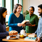 A diverse group of adults of varying ethnicities, fully clothed in modest, everyday attire, gathered in a bright, inviting community cafe. One person shares freshly baked goods, another offers gardening advice, and a third exchanges books. They are smiling warmly, engaging in mutual assistance and conversation, fostering a sense of belonging and trust. The atmosphere is harmonious and collaborative. safe for work, appropriate content, fully clothed, family-friendly, professional photography, high quality, perfect anatomy, correct proportions, natural pose, well-formed hands, proper finger count, natural body proportions.