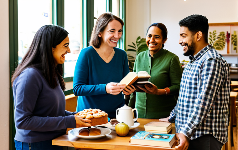A diverse group of adults of varying ethnicities, fully clothed in modest, everyday attire, gathered in a bright, inviting community cafe. One person shares freshly baked goods, another offers gardening advice, and a third exchanges books. They are smiling warmly, engaging in mutual assistance and conversation, fostering a sense of belonging and trust. The atmosphere is harmonious and collaborative. safe for work, appropriate content, fully clothed, family-friendly, professional photography, high quality, perfect anatomy, correct proportions, natural pose, well-formed hands, proper finger count, natural body proportions.